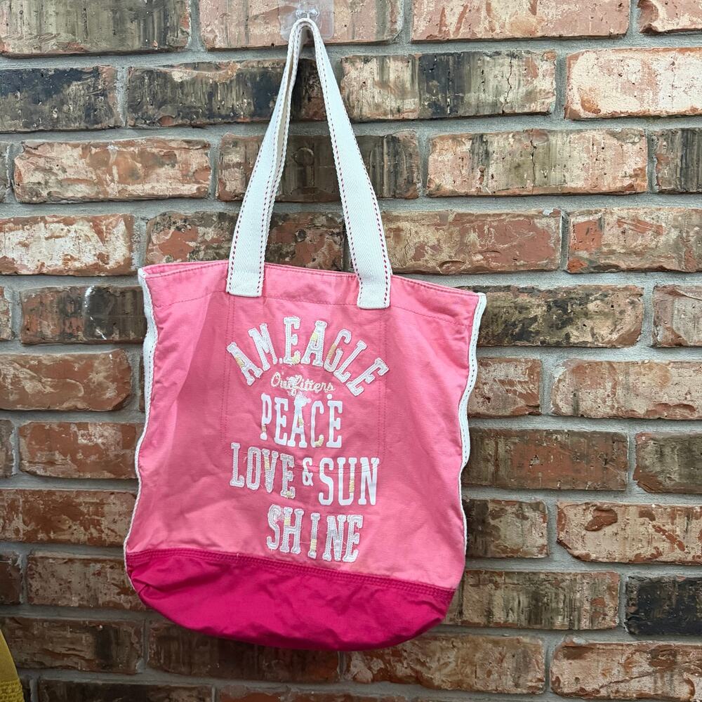 American Eagle Y2K Canvas Tote Bag Peace Love Sunshine Colorful Logo Interior